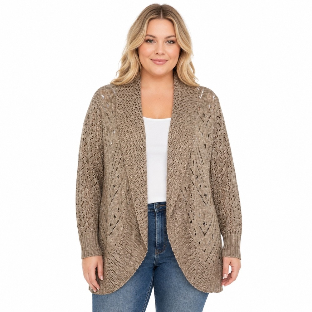 Torrid Plus Size 2X Pointelle Cardigan Curved Hem Sweater Tan Brown Open Front